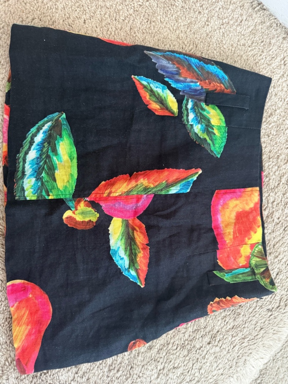 FARM Rio Black Mini Skirt with Multicolor Tropical Leaf Print